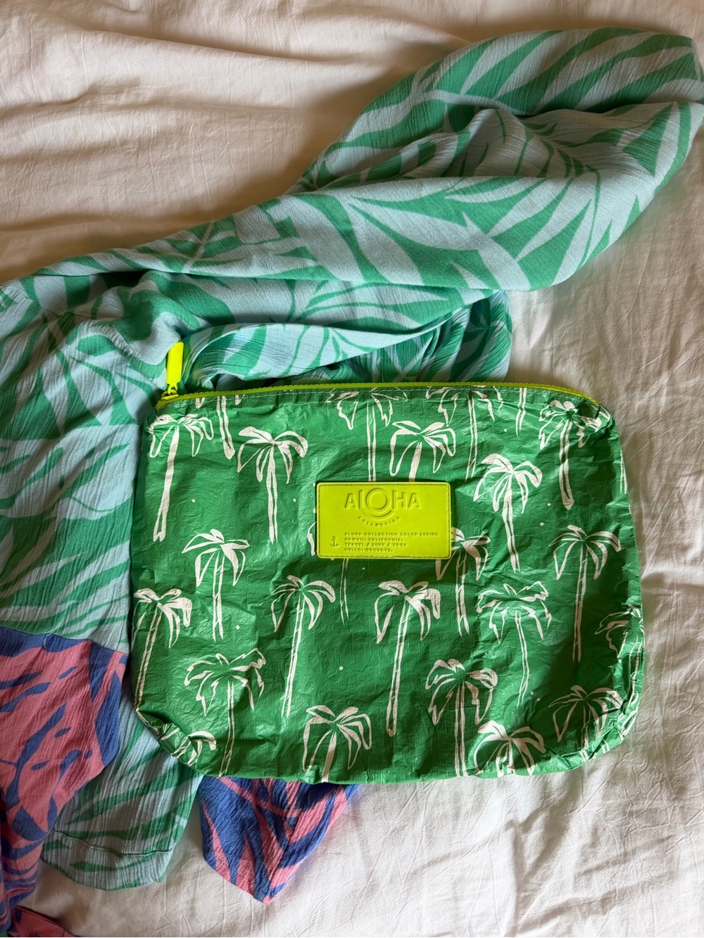 ALOHA Collection Green Palm-Print Cosmetic Pouch with Neon Yellow Patch